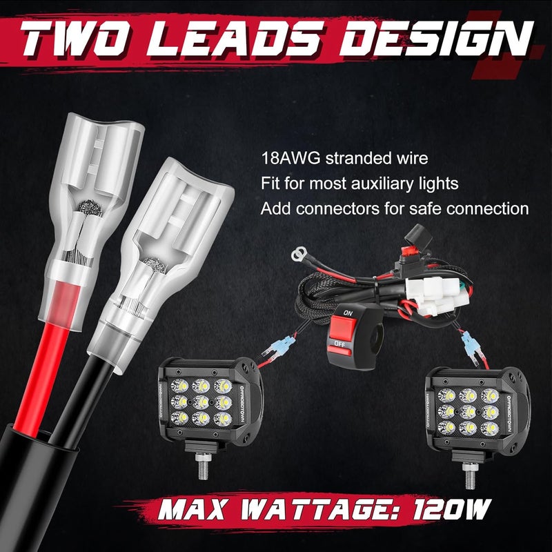 OFFROADTOWN LED Light Bar Wiring Harness Kit w/Motorcycle Handlebar Switch 7-8'' 2 Leads Harness for Headlight Driving Fog Lights Auxiliary Lights for ATV Dirt Bike Bicycle - Image 5